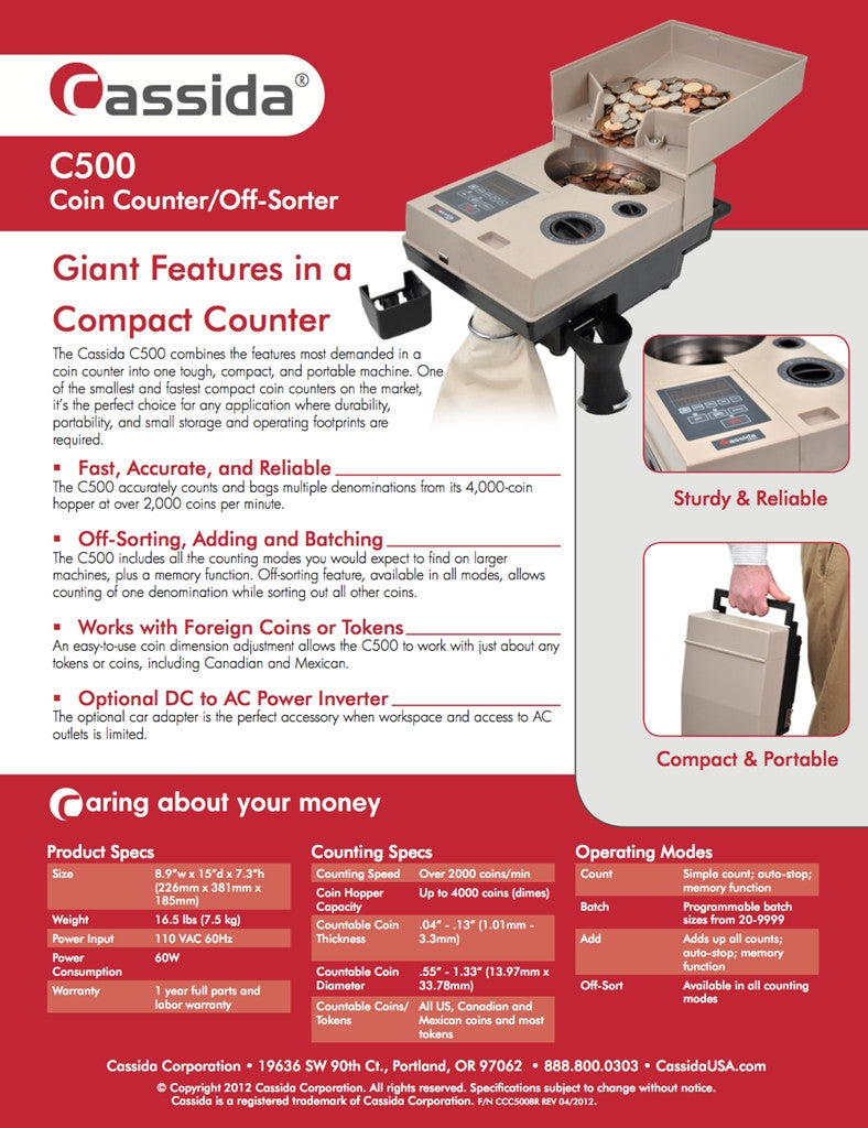 Currency-Counters - Cassida C500 Coin Counter/Off-Sorter